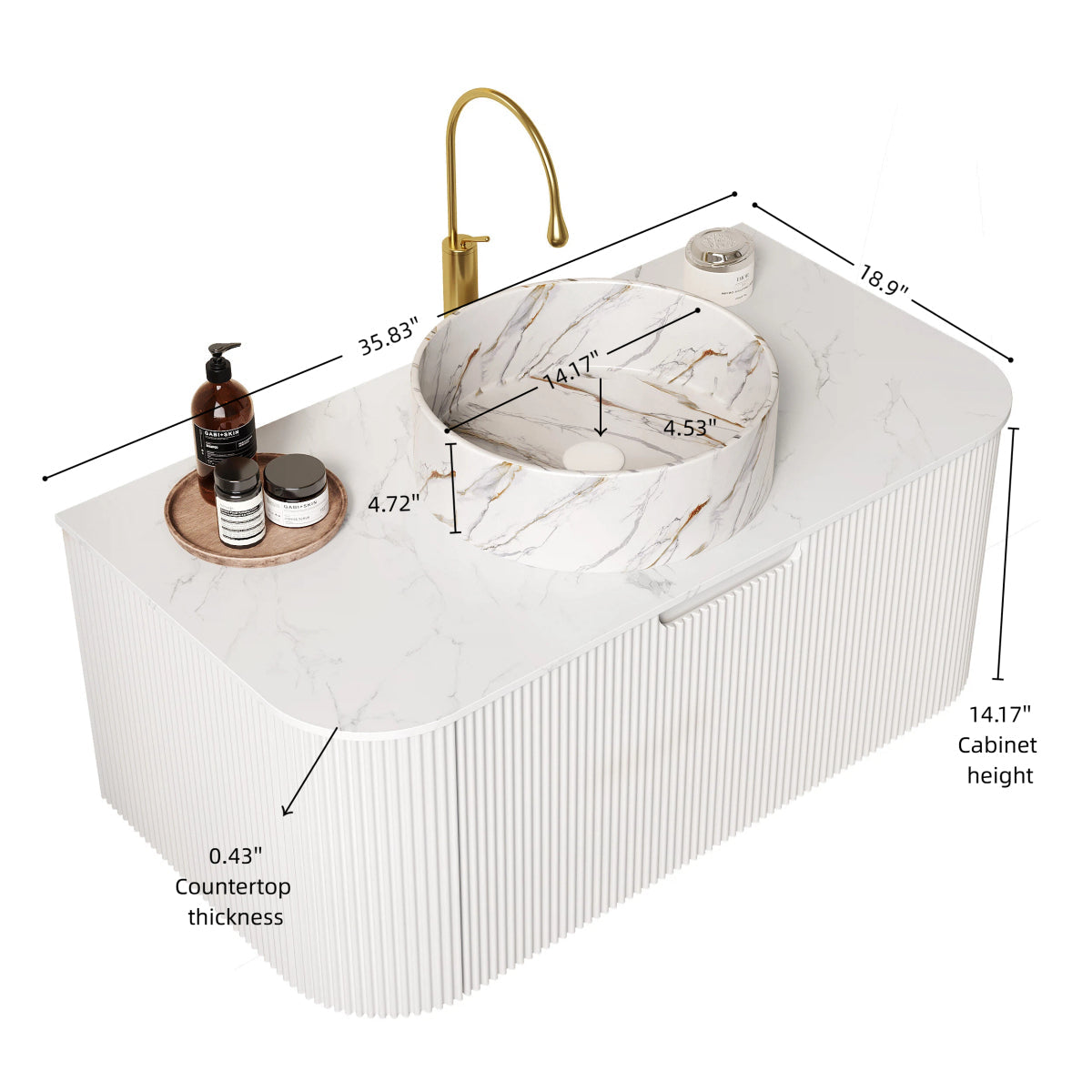 DINA 36" Bathroom Vanity&Sink, Floating Curved Edges Striped Storage Plywood Cabinet with Drawer, Matte Stone White Pattern Round Ceramic Basin&Sintered Stone Top, Pre-assembled, White (New SKU)