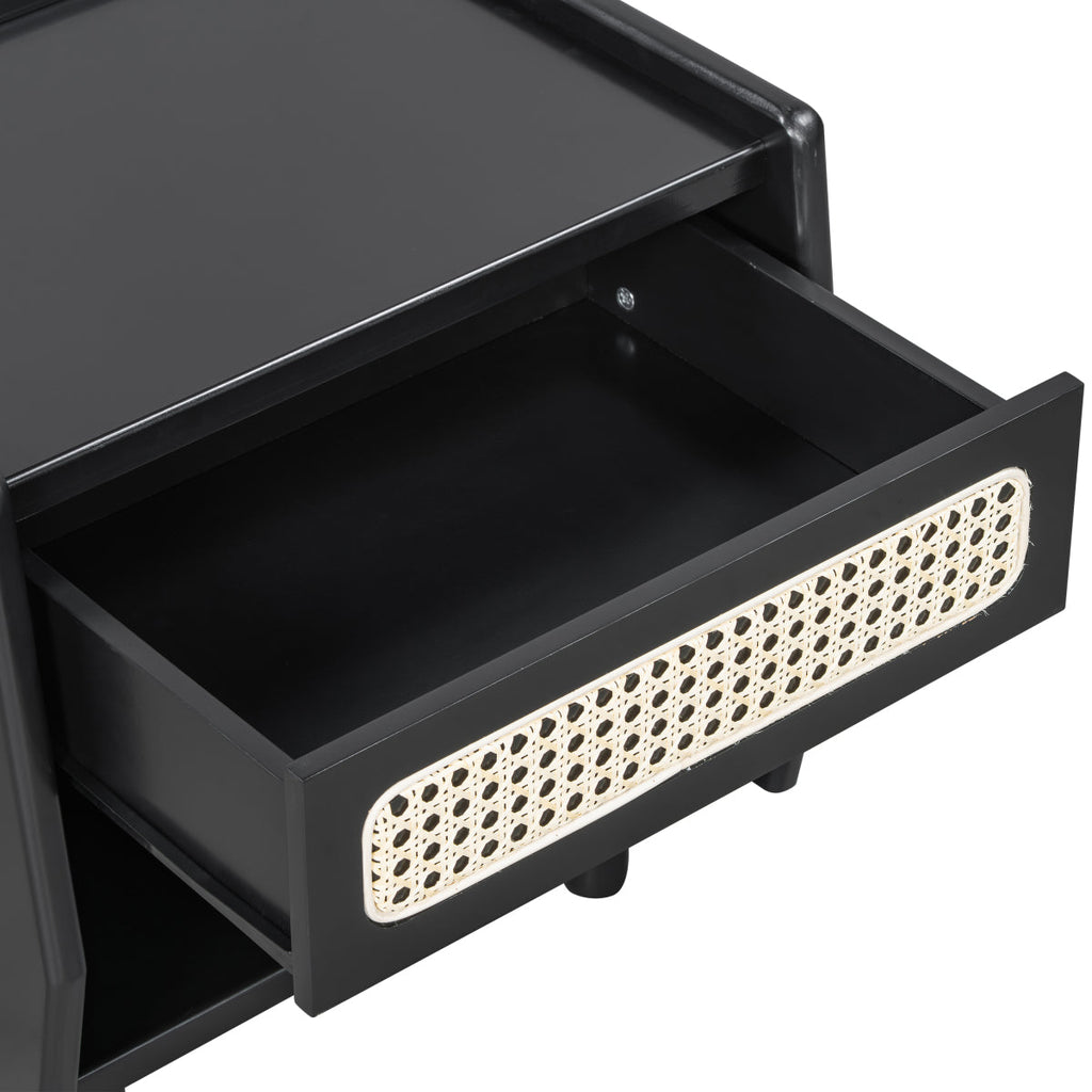 Christopher Knight Home® Black Nightstand with Rattan Detail, MDF + Solid Wood, Modern Bedroom Storage, Open Shelf & Drawer, Indoor Furniture