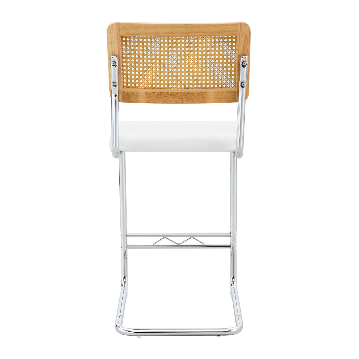 Natural rattan bar stool 2-piece set with solid wood backrest 25 inches medieval modern style counter stool white PU leather kitchen stool chrome metal legs.