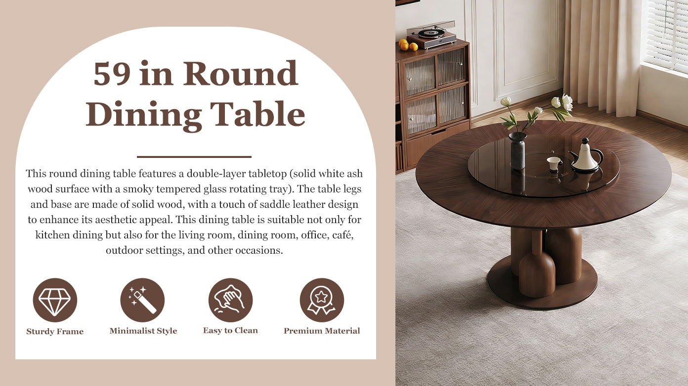59-inch Natural Oak Wabi-Sabi Round Dining Table with 35-inch Tempered Glass Lazy Susan, Handcrafted Japanese Style Sculptural Table for Living Room & Restaurant    RR