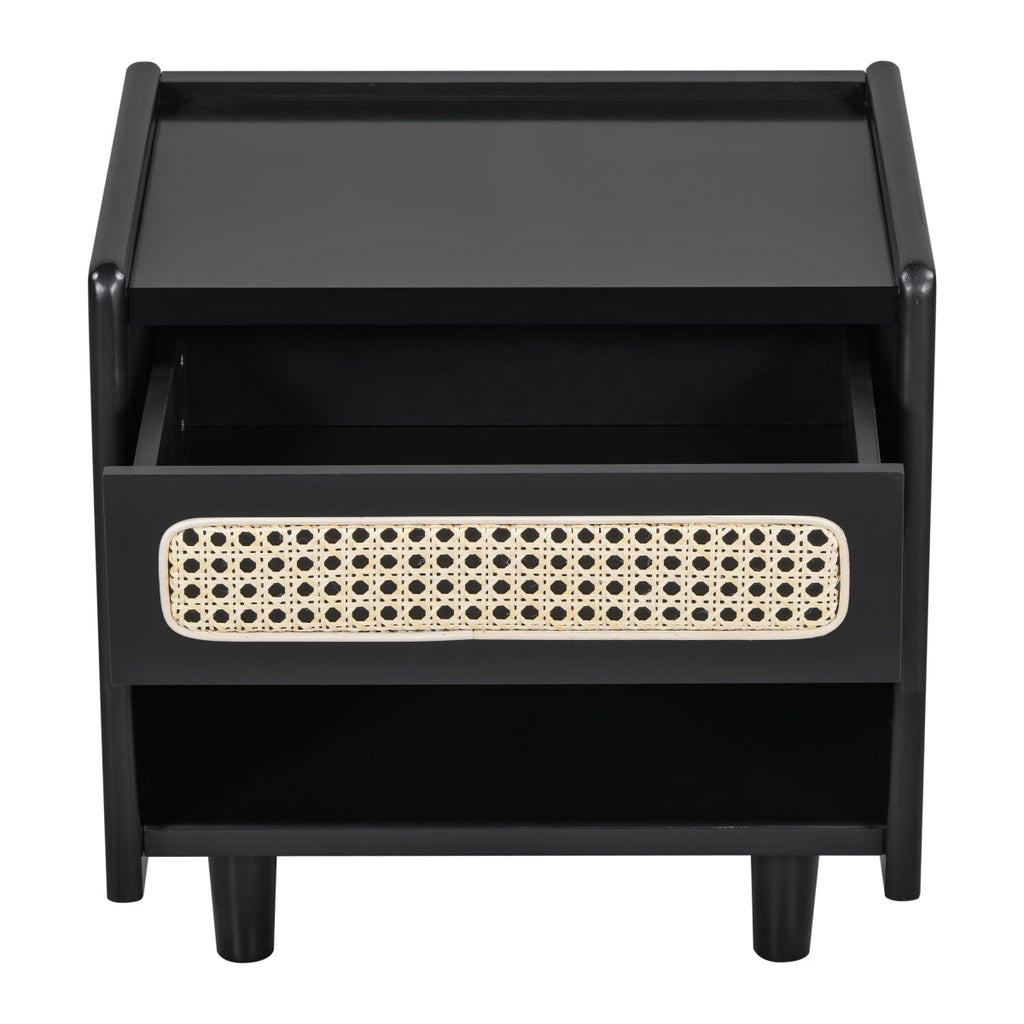 Christopher Knight Home® Black Nightstand with Rattan Detail, MDF + Solid Wood, Modern Bedroom Storage, Open Shelf & Drawer, Indoor Furniture