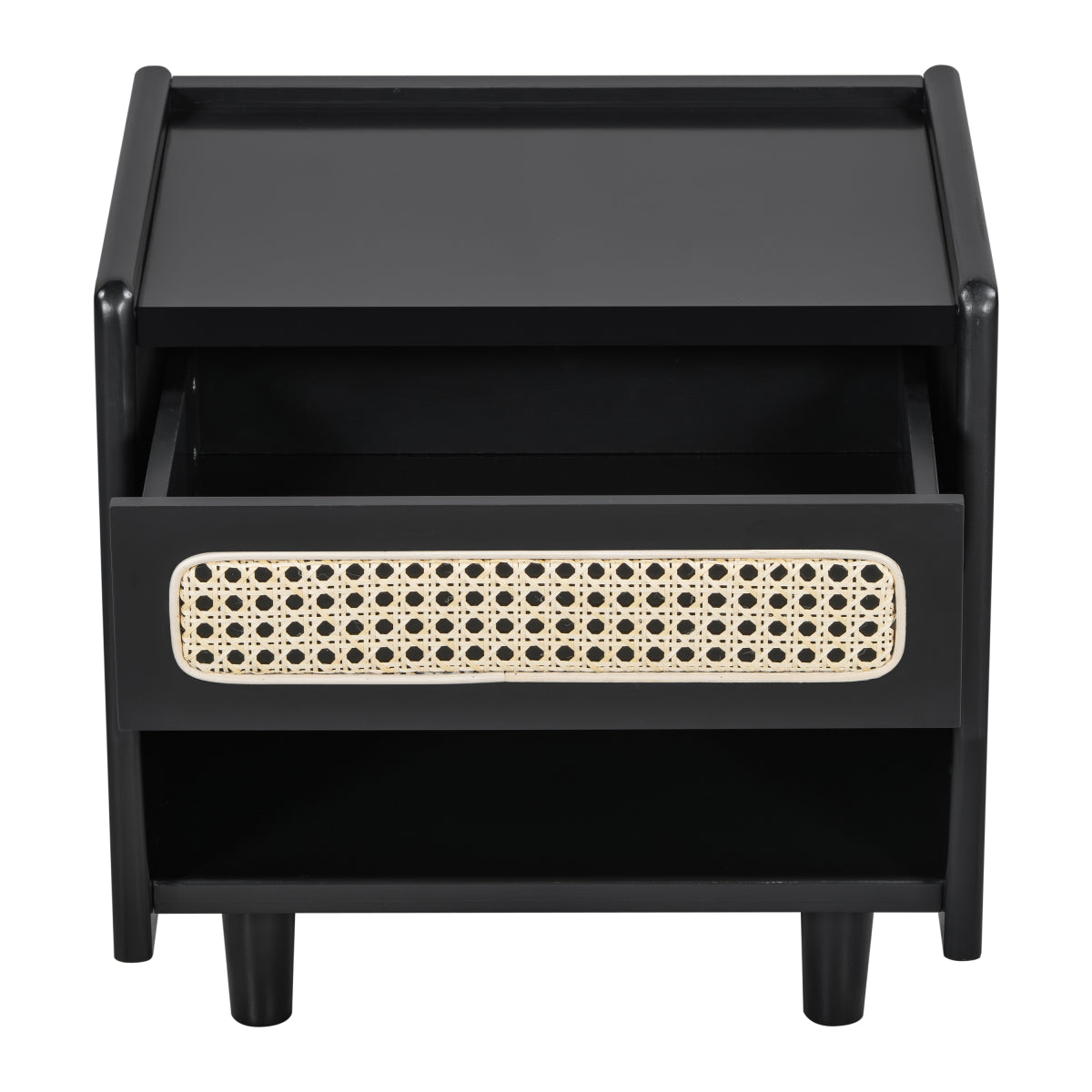 Christopher Knight Home® Black Nightstand with Rattan Detail, MDF + Solid Wood, Modern Bedroom Storage, Open Shelf & Drawer, Indoor Furniture