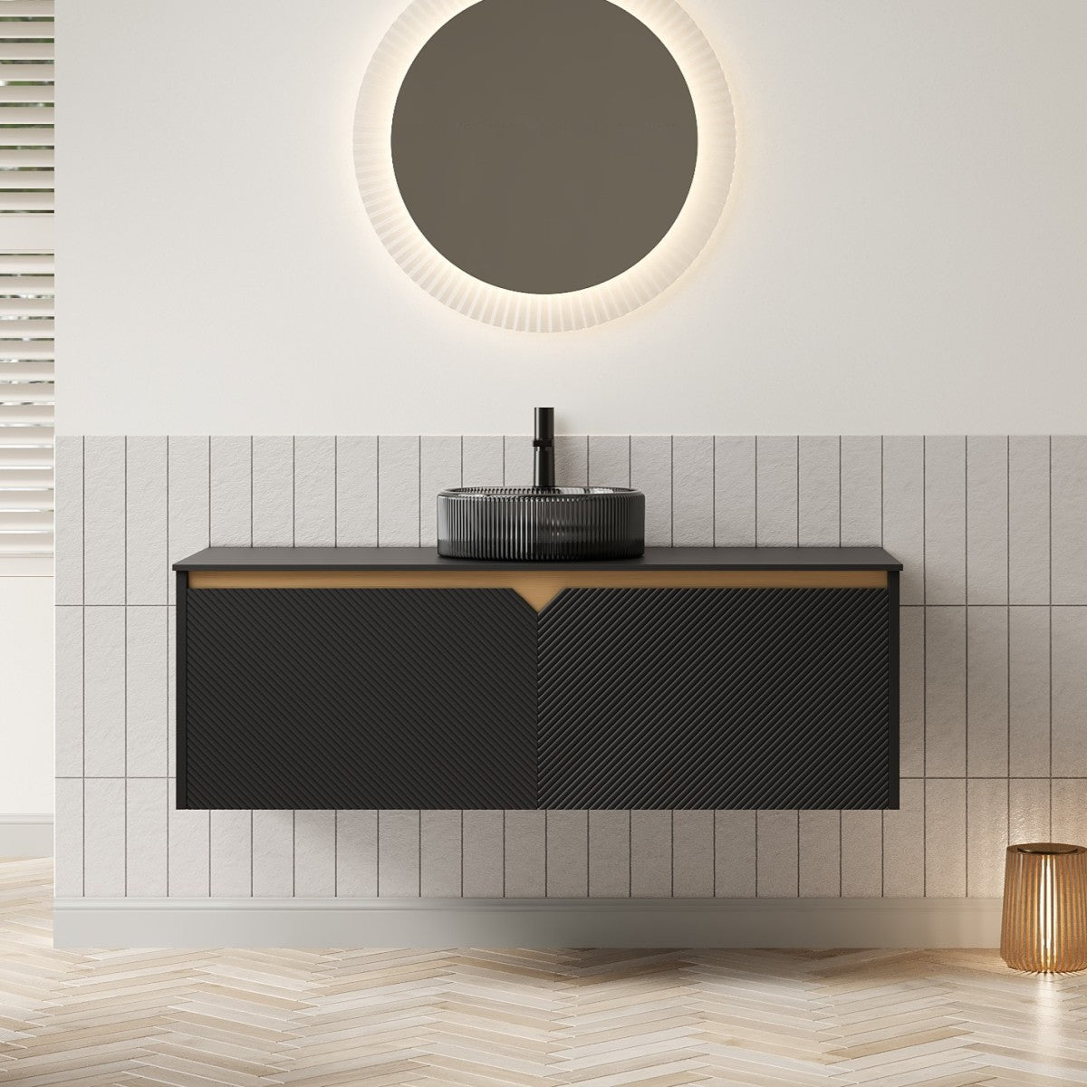 RUBEN 24" Bathroom Vanity&Sink, Wall-Mounted Floating Plywood Storage Cabinet, Twill Double Doors with Metal Trim, Black Round Ceramic Vessel Basin with Stone Pattern&Black Sintered Stone Top, Black