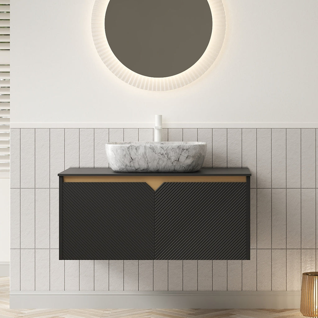 RUBEN 24" Bathroom Vanity&Sink, Wall-Mounted Floating Plywood Storage Cabinet, Twill Double Doors with Metal Trim, Black Round Ceramic Vessel Basin with Stone Pattern&Black Sintered Stone Top, Black