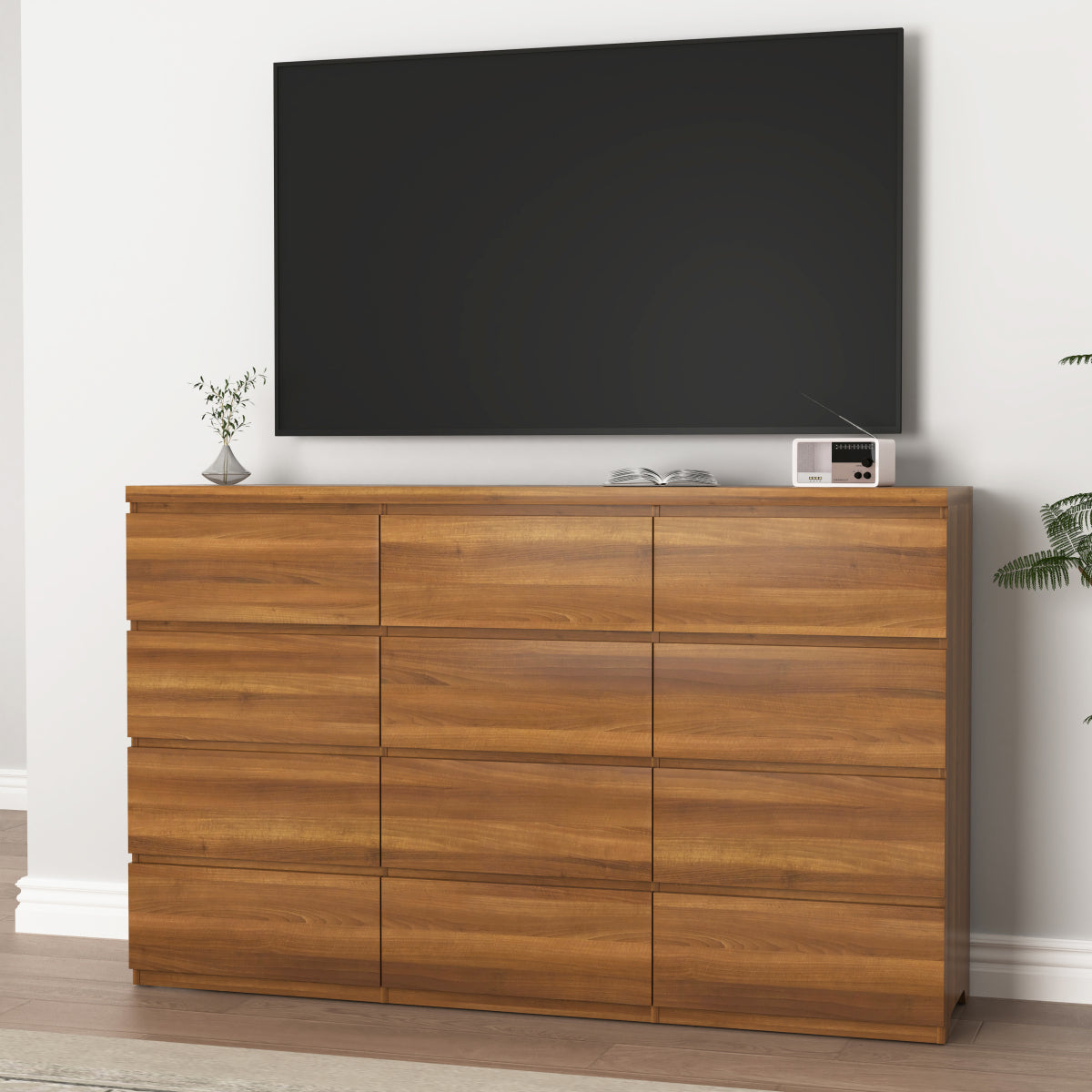 12 Drawers Double Dresser, Modern Wood Dresser Chest of Drawers with Large Storage Space for Bedroom, Walnut