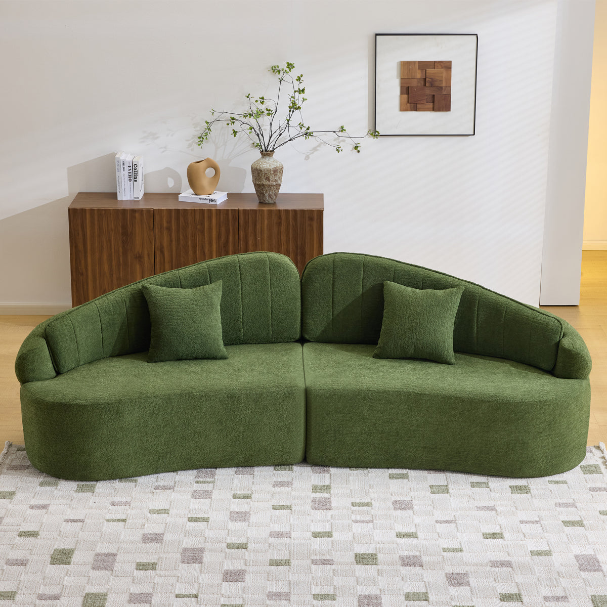 Curved four-seat fully compressed sofa, long-term sitting without collapse, removable backrest, green chenille fabric, simple, retro style, suitable for small spaces and apartments   WL