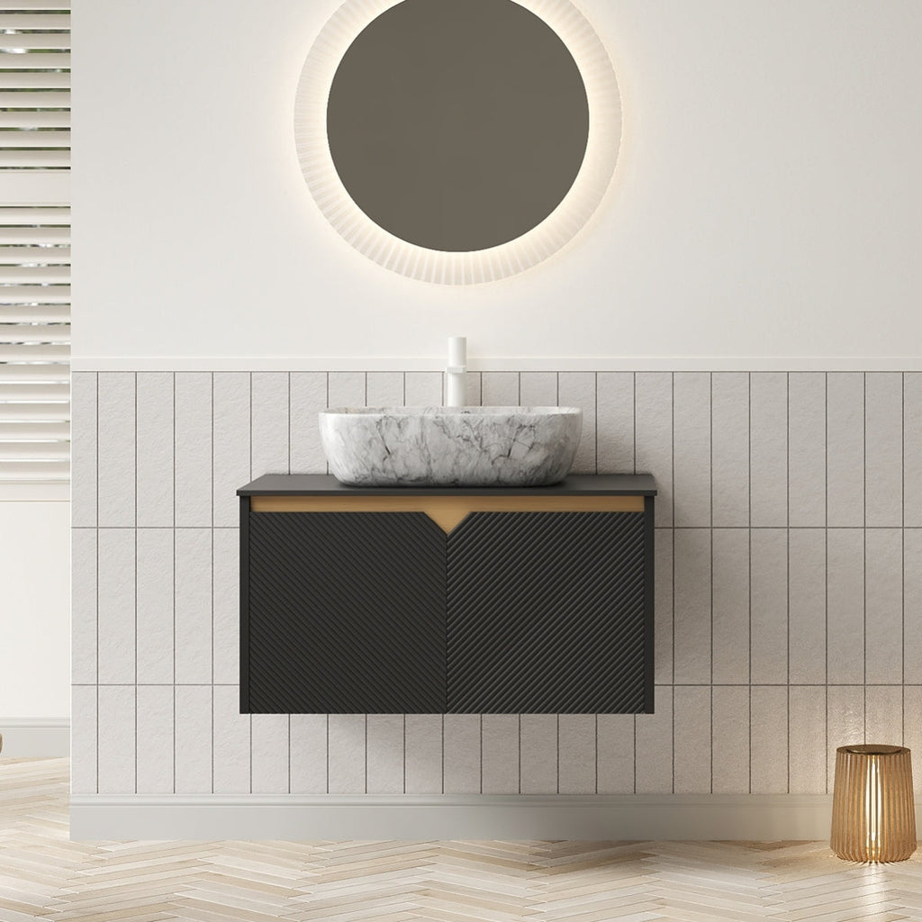 RUBEN 24" Bathroom Vanity&Sink, Wall-Mounted Floating Plywood Storage Cabinet, Twill Double Doors with Metal Trim, Black Round Ceramic Vessel Basin with Stone Pattern&Black Sintered Stone Top, Black