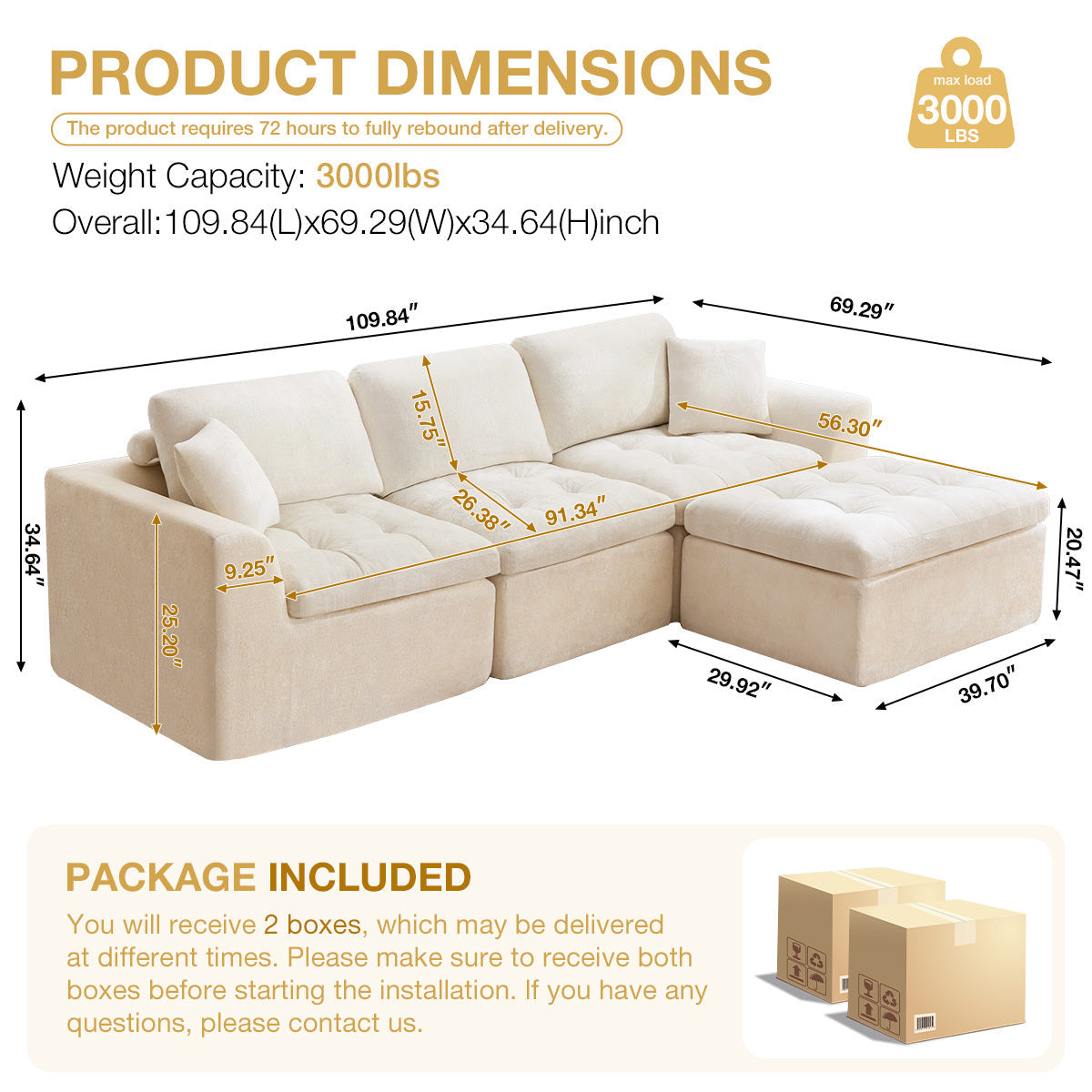 110" Cloud Sectional Couch for Living Room, Upholstered L-Shape Modular Sofa
