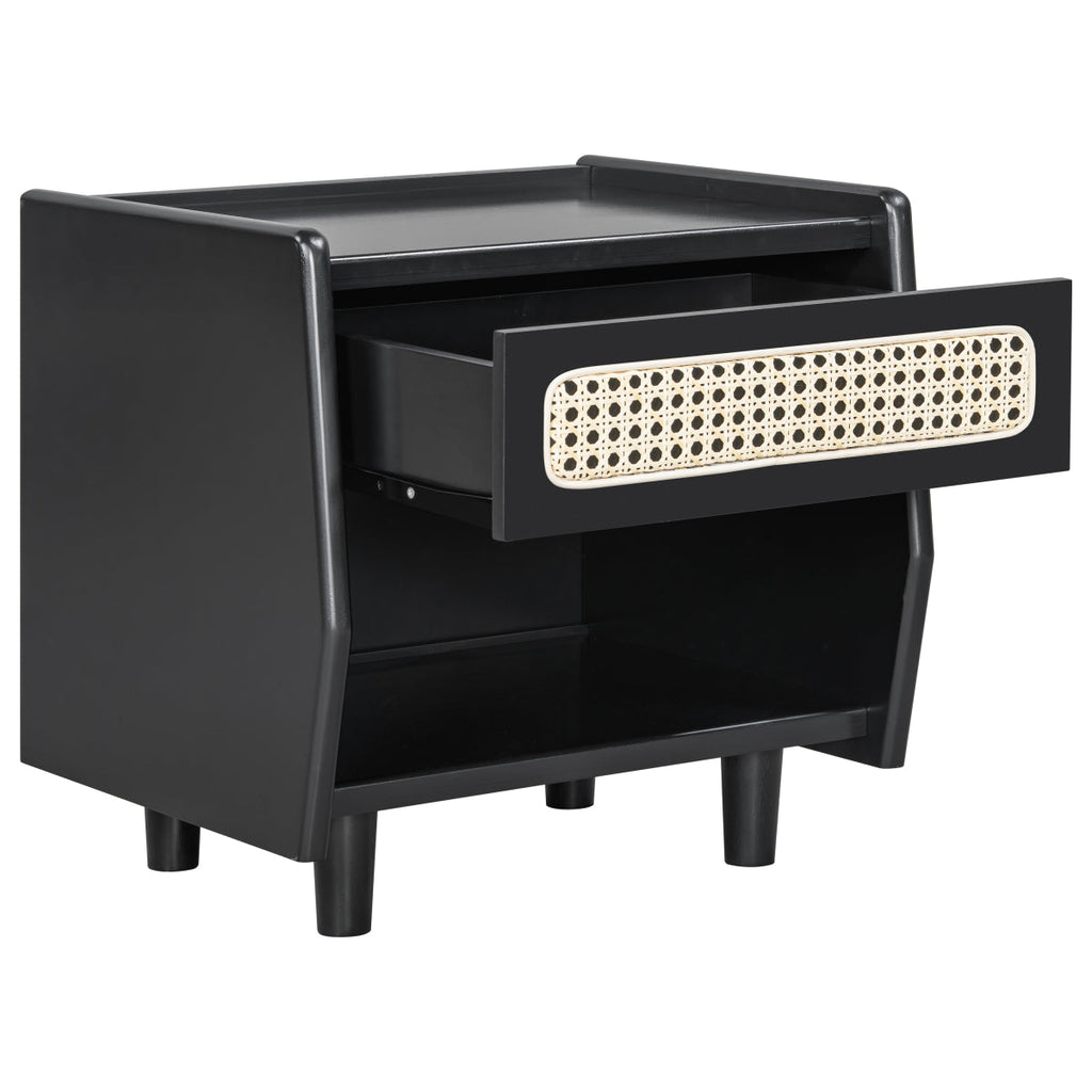 Christopher Knight Home® Black Nightstand with Rattan Detail, MDF + Solid Wood, Modern Bedroom Storage, Open Shelf & Drawer, Indoor Furniture