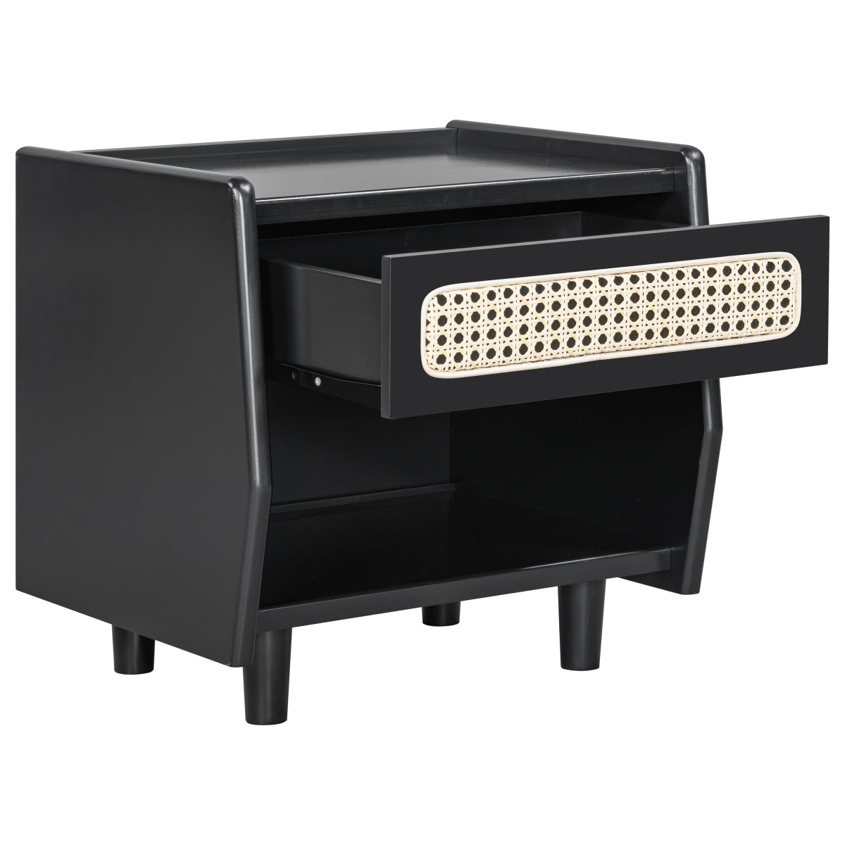 Christopher Knight Home® Black Nightstand with Rattan Detail, MDF + Solid Wood, Modern Bedroom Storage, Open Shelf & Drawer, Indoor Furniture