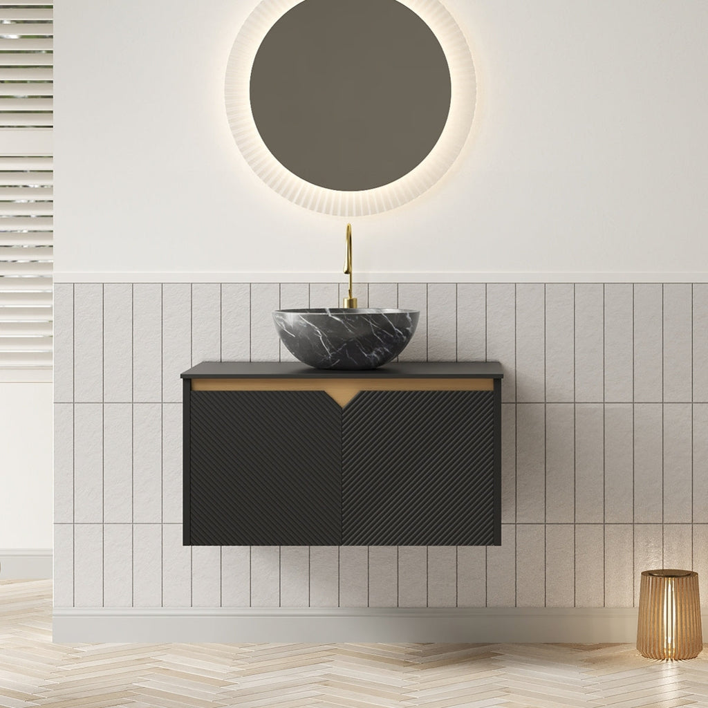 RUBEN 24" Bathroom Vanity&Sink, Wall-Mounted Floating Plywood Storage Cabinet, Twill Double Doors with Metal Trim, Black Round Ceramic Vessel Basin with Stone Pattern&Black Sintered Stone Top, Black