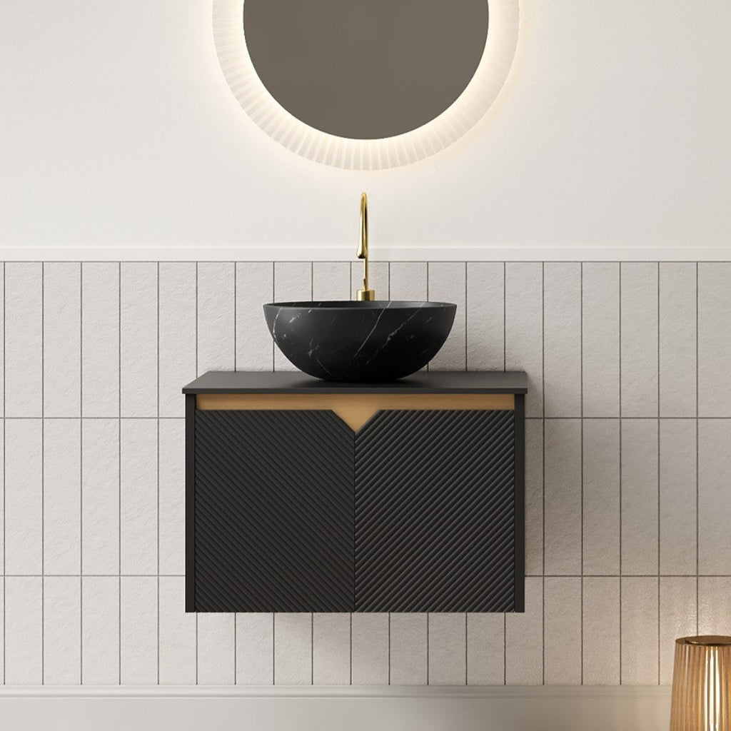 RUBEN 24" Bathroom Vanity&Sink, Wall-Mounted Floating Plywood Storage Cabinet, Twill Double Doors with Metal Trim, Black Round Ceramic Vessel Basin with Stone Pattern&Black Sintered Stone Top, Black