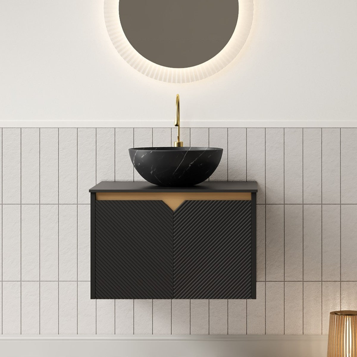 RUBEN 24" Bathroom Vanity&Sink, Wall-Mounted Floating Plywood Storage Cabinet, Twill Double Doors with Metal Trim, Black Round Ceramic Vessel Basin with Stone Pattern&Black Sintered Stone Top, Black