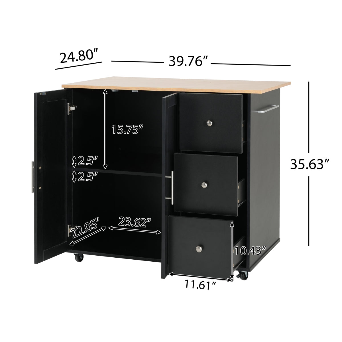 Christopher Knight Home® Mobile Kitchen Cart with Storage, 39.76'' Rolling Kitchen Island with 2 Doors, 3 Drawers & Adjustable Shelf, Black Utility Cart for Kitchen/Dining Room    RR