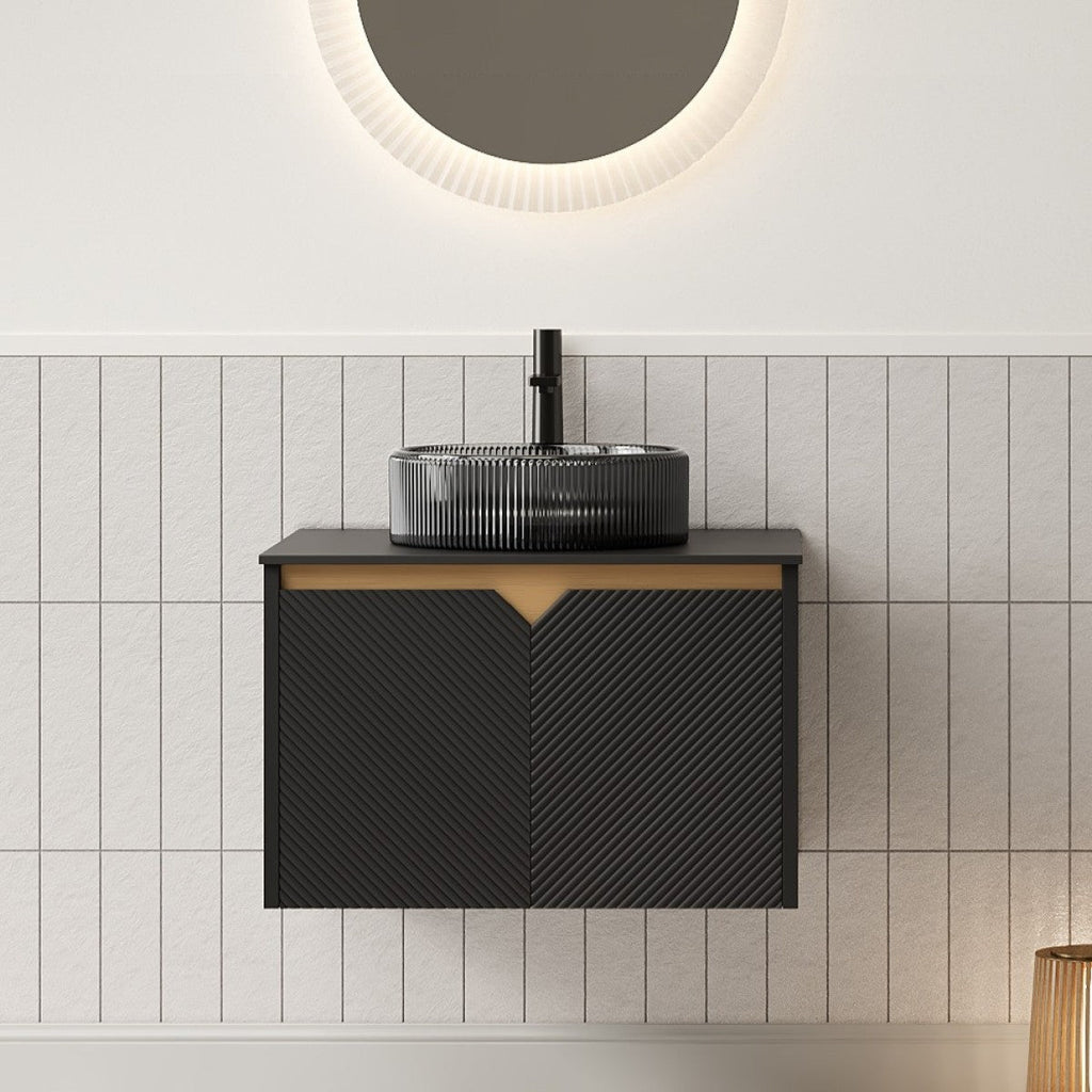 RUBEN 24" Bathroom Vanity&Sink, Wall-Mounted Floating Plywood Storage Cabinet, Twill Double Doors with Metal Trim, Black Round Ceramic Vessel Basin with Stone Pattern&Black Sintered Stone Top, Black