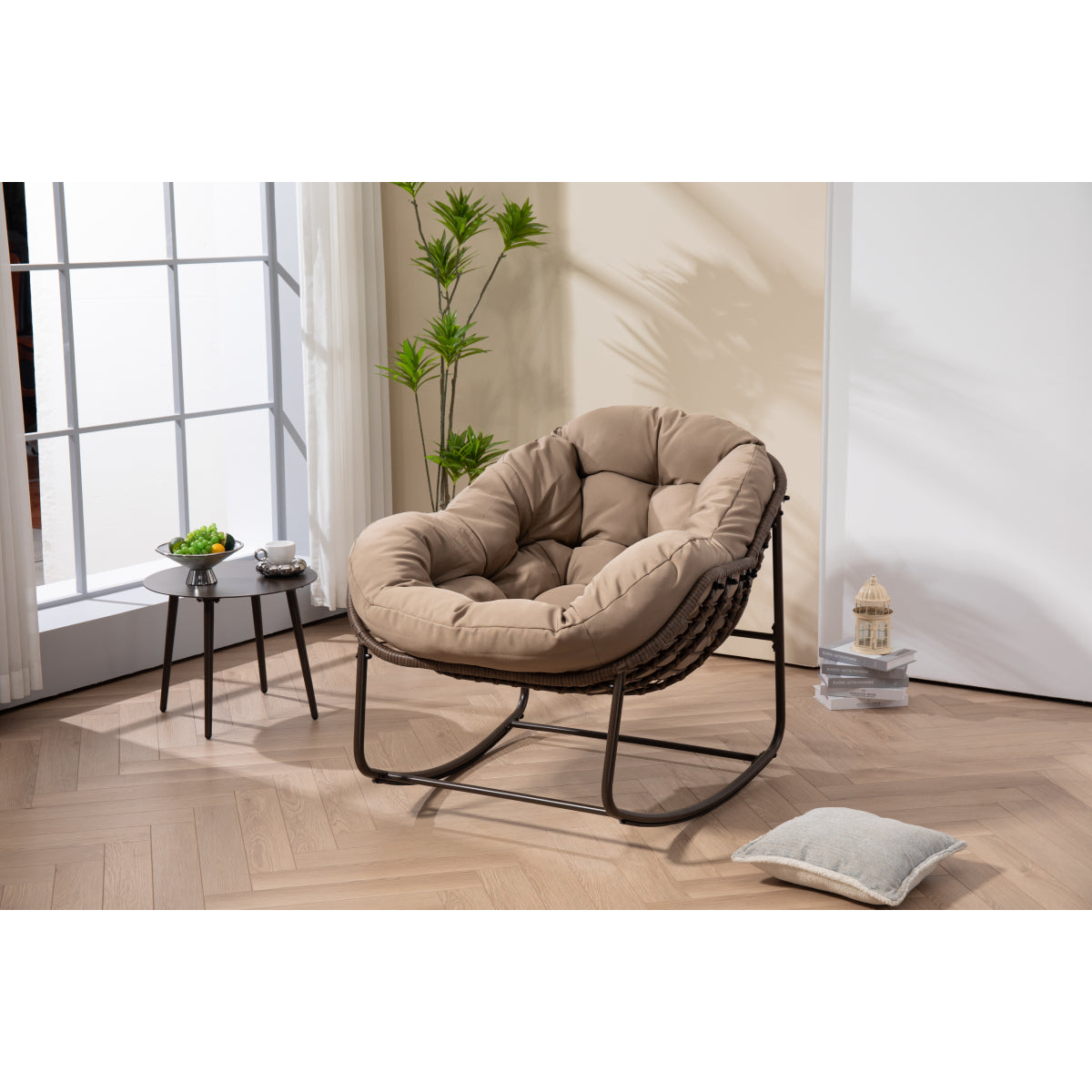 Outdoor Rocking Chair, Patio Oversized Wicker Egg Rocking Chair, Indoor & Outdoor Comfy Rocker Chair with Thick Cushion, Modern Lounge Chair for Balcony, Front Porch, Garden, Backyard, khaki