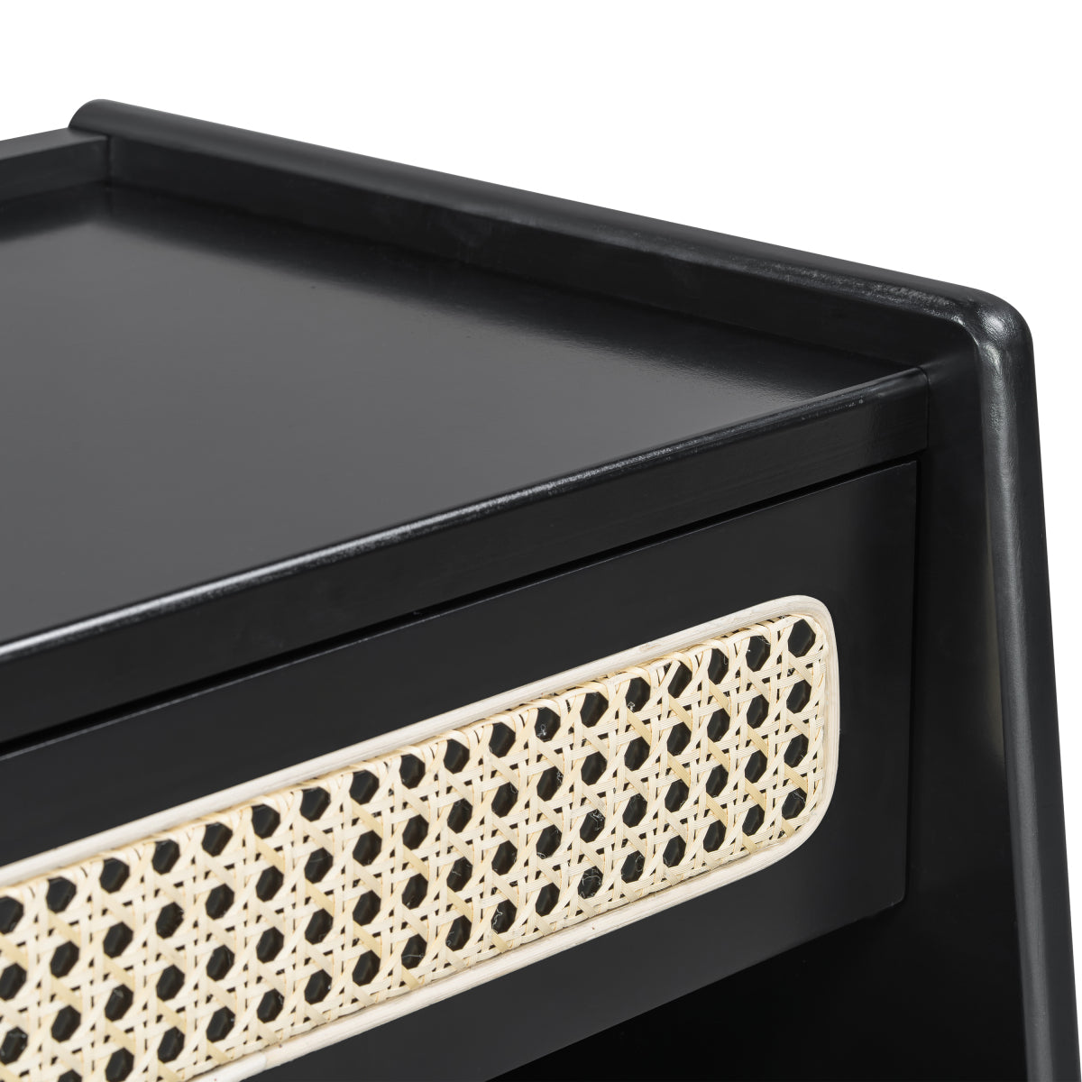 Christopher Knight Home® Black Nightstand with Rattan Detail, MDF + Solid Wood, Modern Bedroom Storage, Open Shelf & Drawer, Indoor Furniture