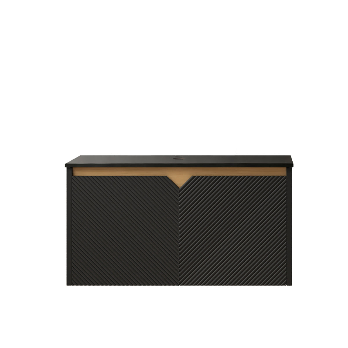 RUBEN 24" Bathroom Vanity&Sink, Wall-Mounted Floating Plywood Storage Cabinet, Twill Double Doors with Metal Trim, Black Round Ceramic Vessel Basin with Stone Pattern&Black Sintered Stone Top, Black