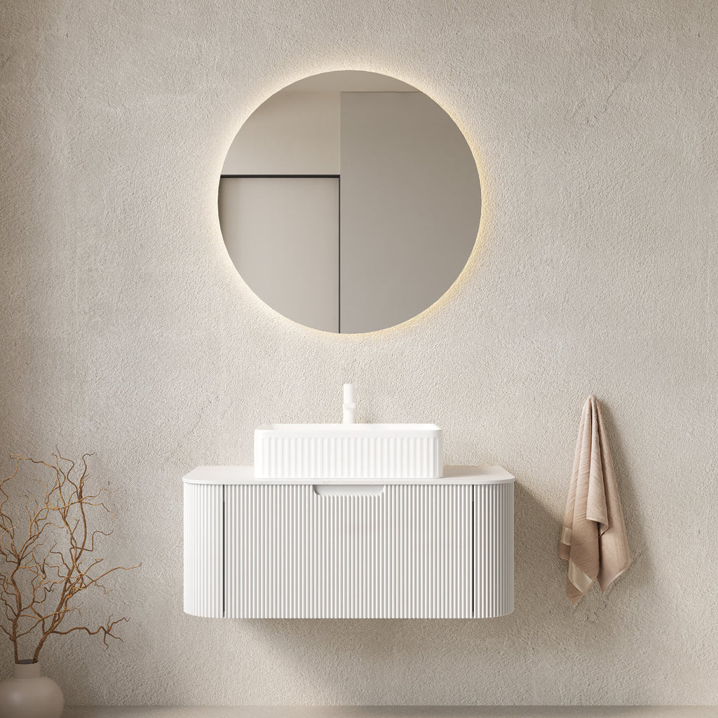 DINA 36" Bathroom Vanity&Sink, Floating Curved Edges Striped Storage Plywood Cabinet with Drawer, Matte Stone White Pattern Round Ceramic Basin&Sintered Stone Top, Pre-assembled, White (New SKU)