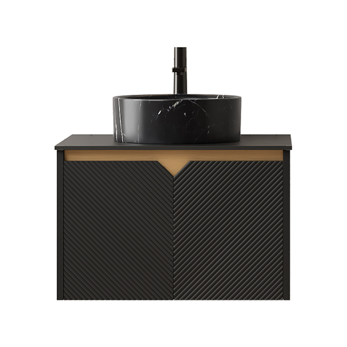 RUBEN 24" Bathroom Vanity&Sink, Wall-Mounted Floating Plywood Storage Cabinet, Twill Double Doors with Metal Trim, Black Round Ceramic Vessel Basin with Stone Pattern&Black Sintered Stone Top, Black