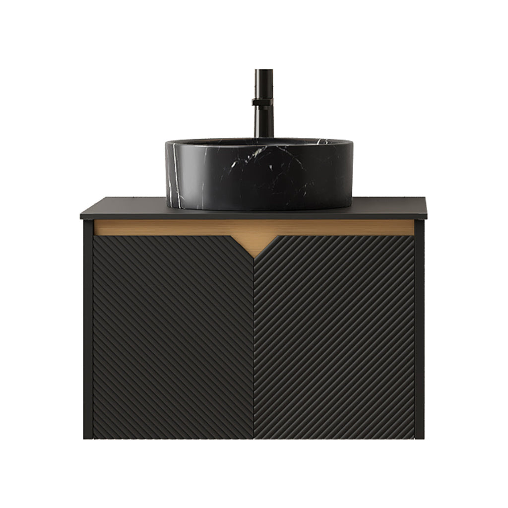 RUBEN 24" Bathroom Vanity&Sink, Wall-Mounted Floating Plywood Storage Cabinet, Twill Double Doors with Metal Trim, Black Round Ceramic Vessel Basin with Stone Pattern&Black Sintered Stone Top, Black