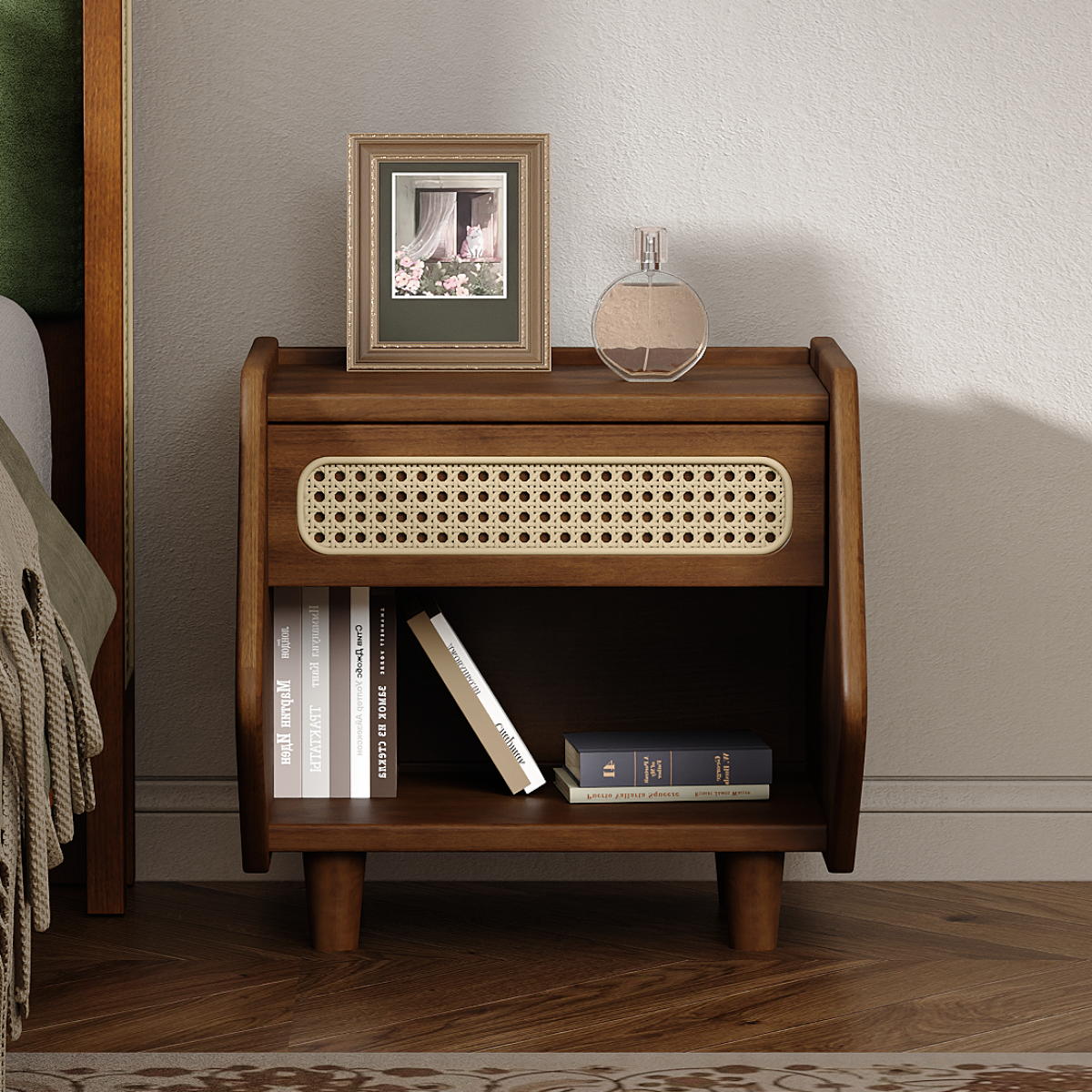 Christopher Knight Home® Black Nightstand with Rattan Detail, MDF + Solid Wood, Modern Bedroom Storage, Open Shelf & Drawer, Indoor Furniture