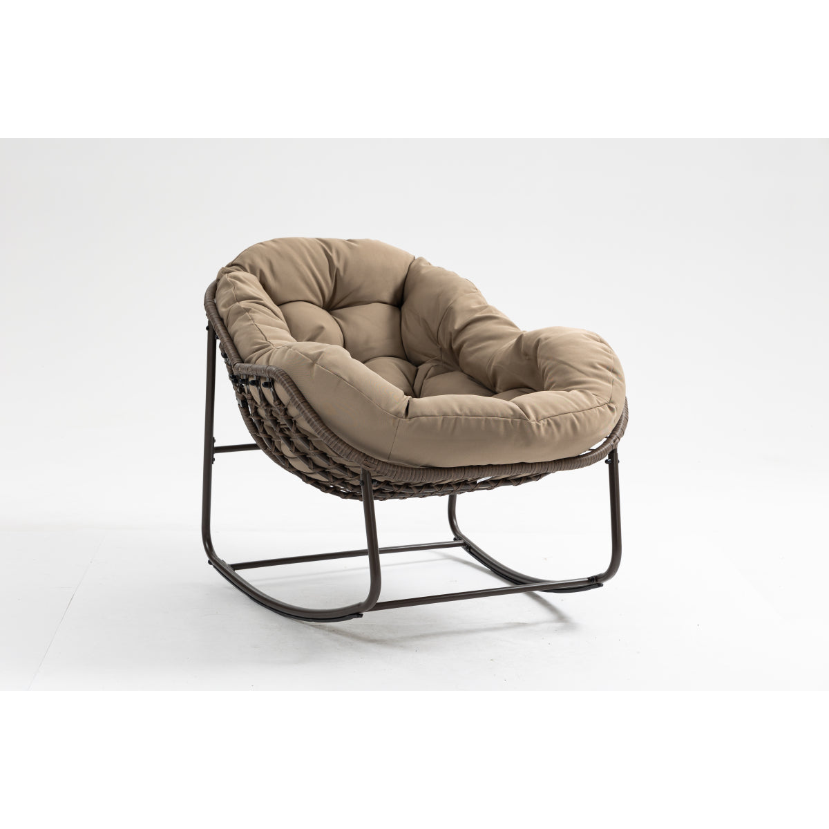 Outdoor Rocking Chair, Patio Oversized Wicker Egg Rocking Chair, Indoor & Outdoor Comfy Rocker Chair with Thick Cushion, Modern Lounge Chair for Balcony, Front Porch, Garden, Backyard, khaki