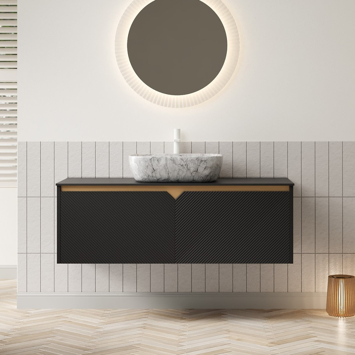 RUBEN 24" Bathroom Vanity&Sink, Wall-Mounted Floating Plywood Storage Cabinet, Twill Double Doors with Metal Trim, Black Round Ceramic Vessel Basin with Stone Pattern&Black Sintered Stone Top, Black