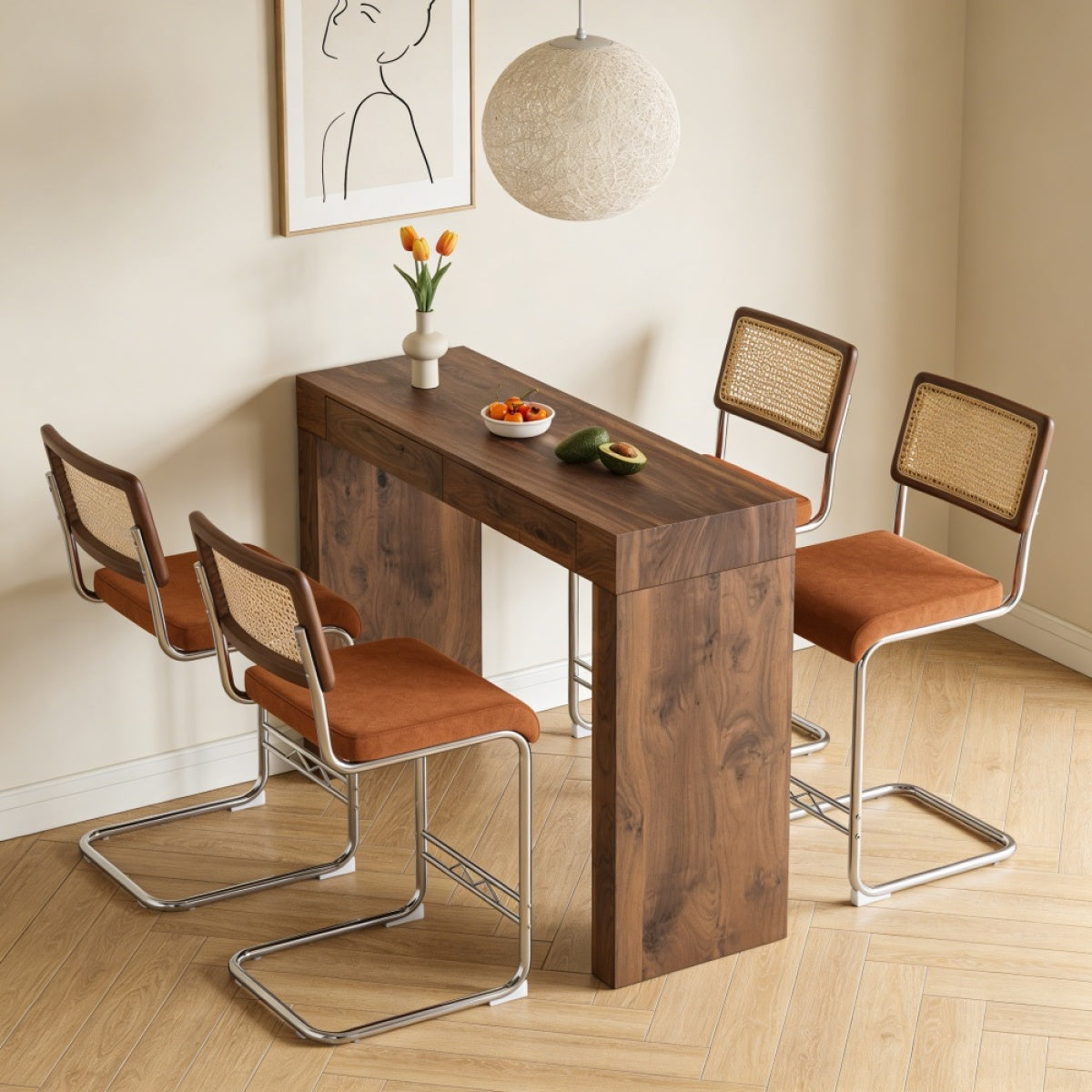 Natural rattan bar stool 2-piece set with solid wood backrest 25 inches medieval modern style counter stool white PU leather kitchen stool chrome metal legs.
