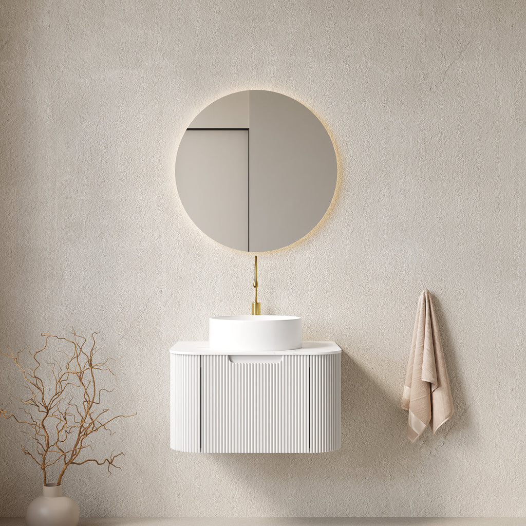 DINA 36" Bathroom Vanity&Sink, Floating Curved Edges Striped Storage Plywood Cabinet with Drawer, Matte Stone White Pattern Round Ceramic Basin&Sintered Stone Top, Pre-assembled, White (New SKU)