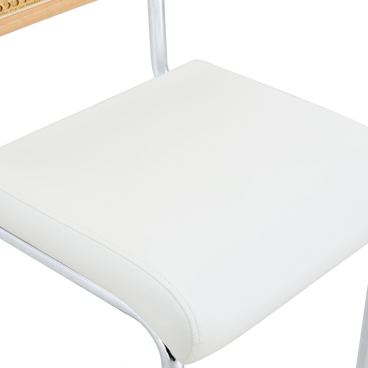 Natural rattan bar stool 2-piece set with solid wood backrest 25 inches medieval modern style counter stool white PU leather kitchen stool chrome metal legs.
