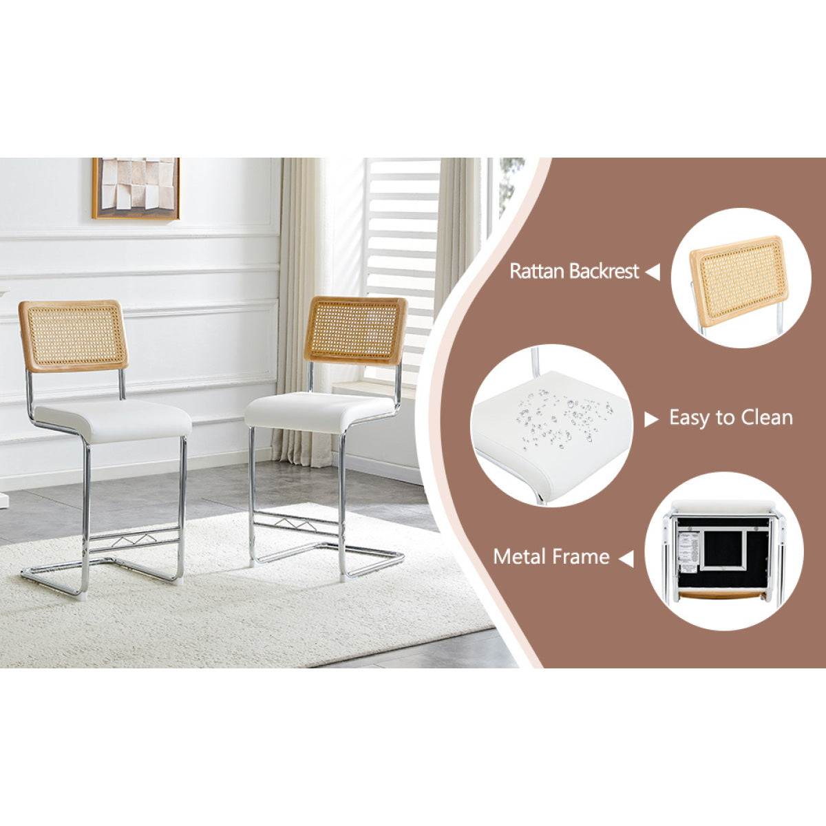 Natural rattan bar stool 2-piece set with solid wood backrest 25 inches medieval modern style counter stool white PU leather kitchen stool chrome metal legs.