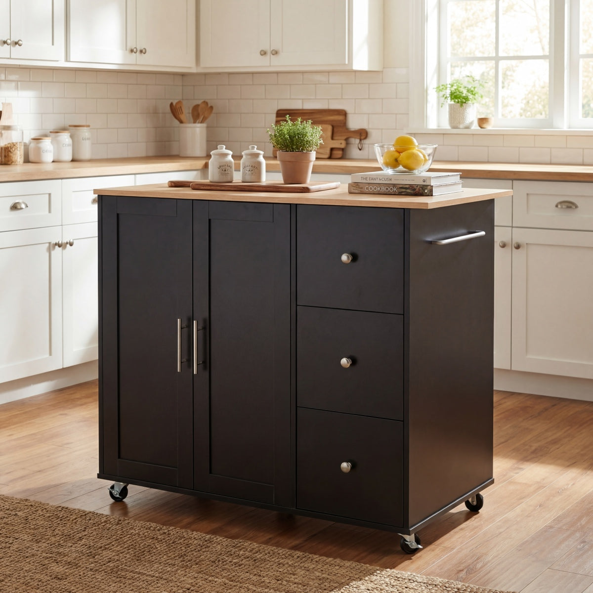 Christopher Knight Home® Mobile Kitchen Cart with Storage, 39.76'' Rolling Kitchen Island with 2 Doors, 3 Drawers & Adjustable Shelf, Black Utility Cart for Kitchen/Dining Room    RR
