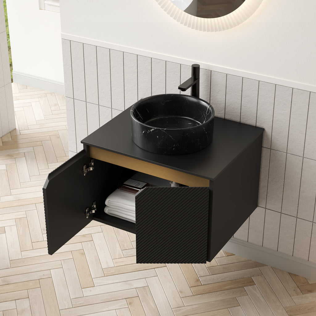 RUBEN 24" Bathroom Vanity&Sink, Wall-Mounted Floating Plywood Storage Cabinet, Twill Double Doors with Metal Trim, Black Round Ceramic Vessel Basin with Stone Pattern&Black Sintered Stone Top, Black