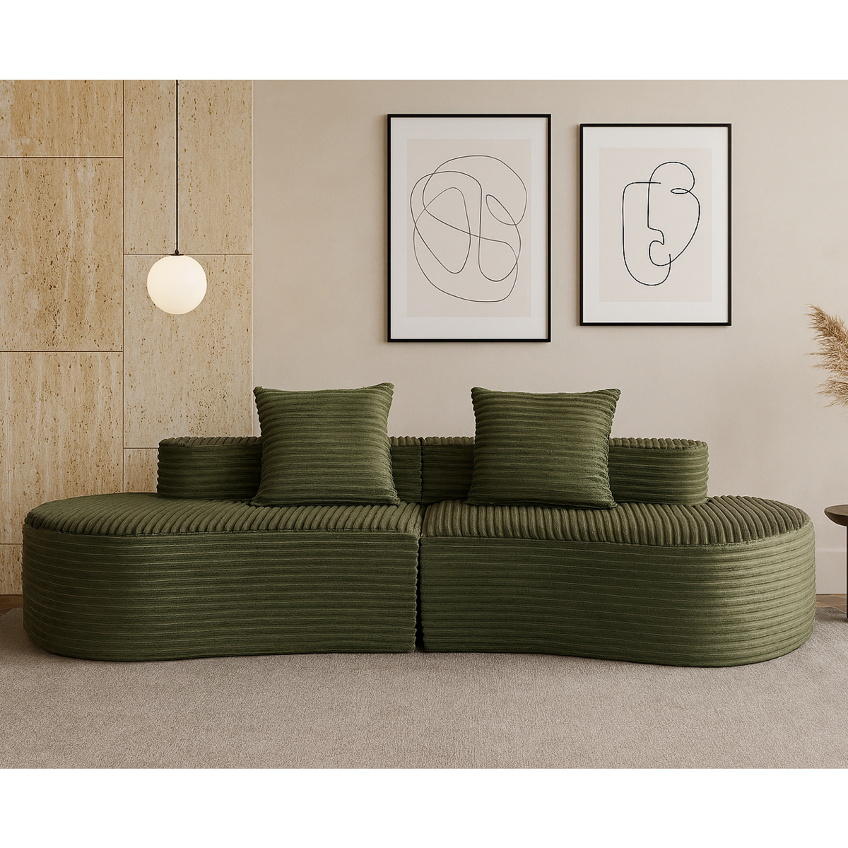 110.24" Fully Compressed Sofa, Corduroy 2-Seater Couch with 2 Lumbar Pillows, Cozy Deep Seat Upholstered Sofa, No Assembly Cloud Couch for Living Room & Bedroom, YKX-33003A-2-GREEN   WL