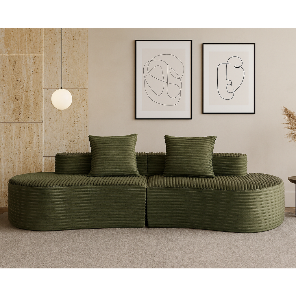 110.24" Fully Compressed Sofa, Corduroy 2-Seater Couch with 2 Lumbar Pillows, Cozy Deep Seat Upholstered Sofa, No Assembly Cloud Couch for Living Room & Bedroom, YKX-33003A-2-GREEN   WL