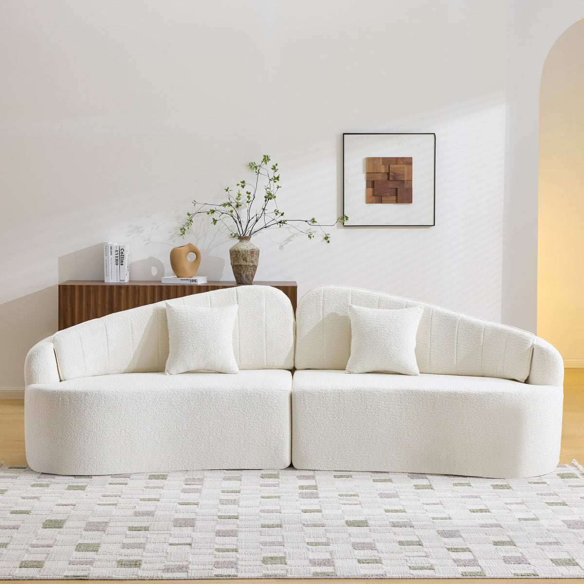 Curved four-seat fully compressed sofa, long-term sitting without collapse, removable backrest, green chenille fabric, simple, retro style, suitable for small spaces and apartments   WL