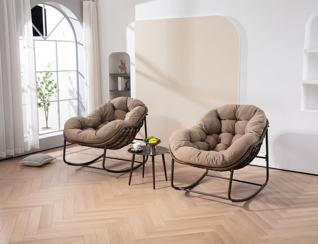 Outdoor Rocking Chair, Patio Oversized Wicker Egg Rocking Chair, Indoor & Outdoor Comfy Rocker Chair with Thick Cushion, Modern Lounge Chair for Balcony, Front Porch, Garden, Backyard, khaki