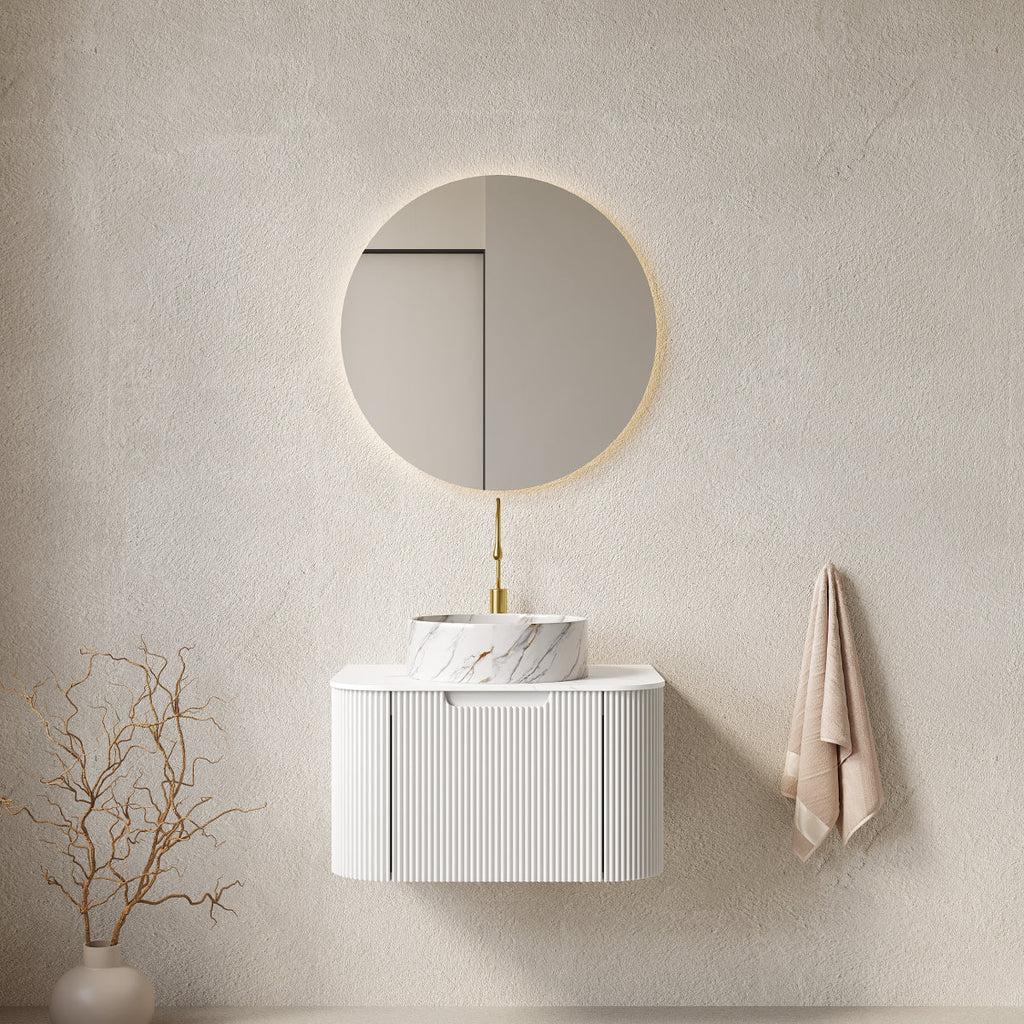 DINA 36" Bathroom Vanity&Sink, Floating Curved Edges Striped Storage Plywood Cabinet with Drawer, Matte Stone White Pattern Round Ceramic Basin&Sintered Stone Top, Pre-assembled, White (New SKU)
