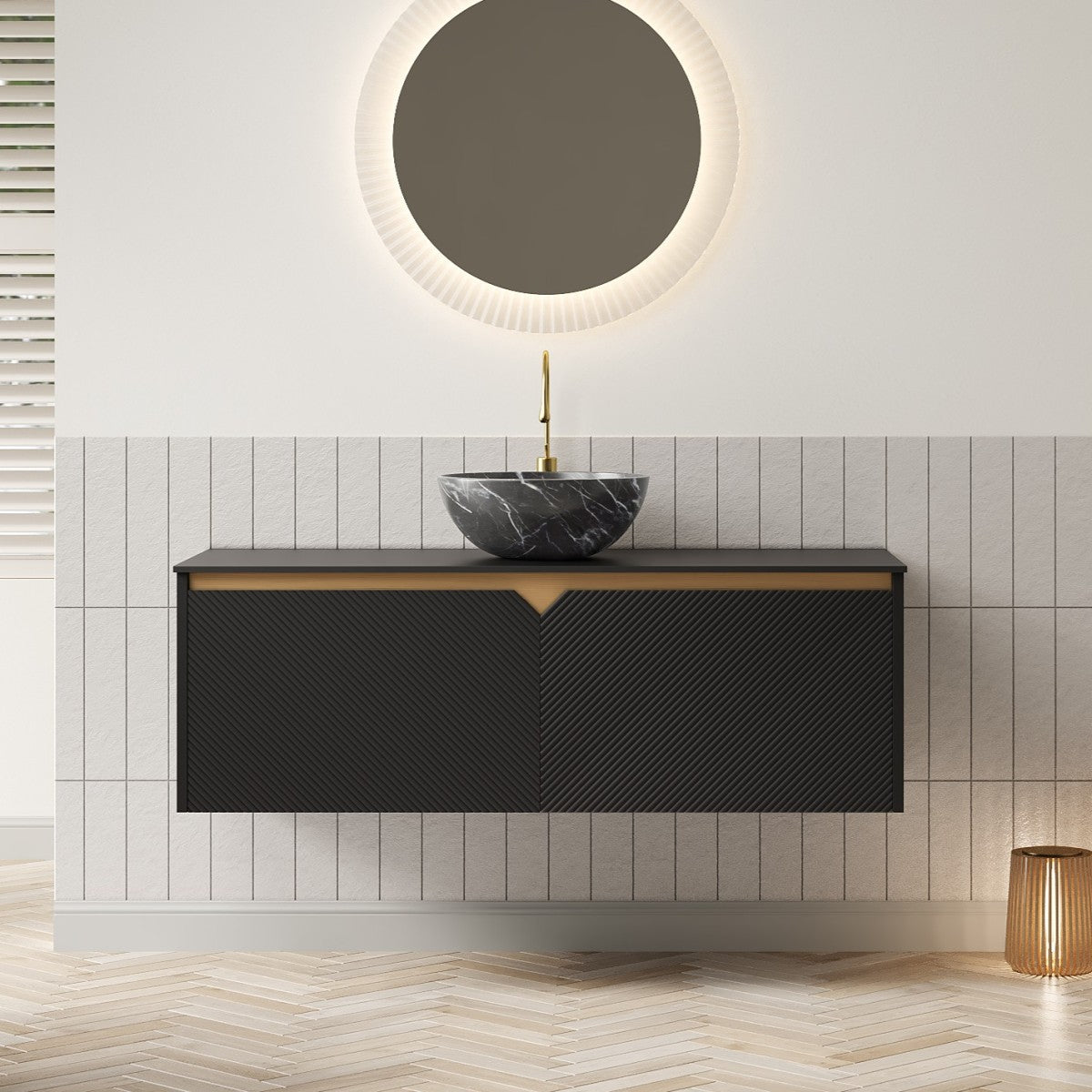 RUBEN 24" Bathroom Vanity&Sink, Wall-Mounted Floating Plywood Storage Cabinet, Twill Double Doors with Metal Trim, Black Round Ceramic Vessel Basin with Stone Pattern&Black Sintered Stone Top, Black