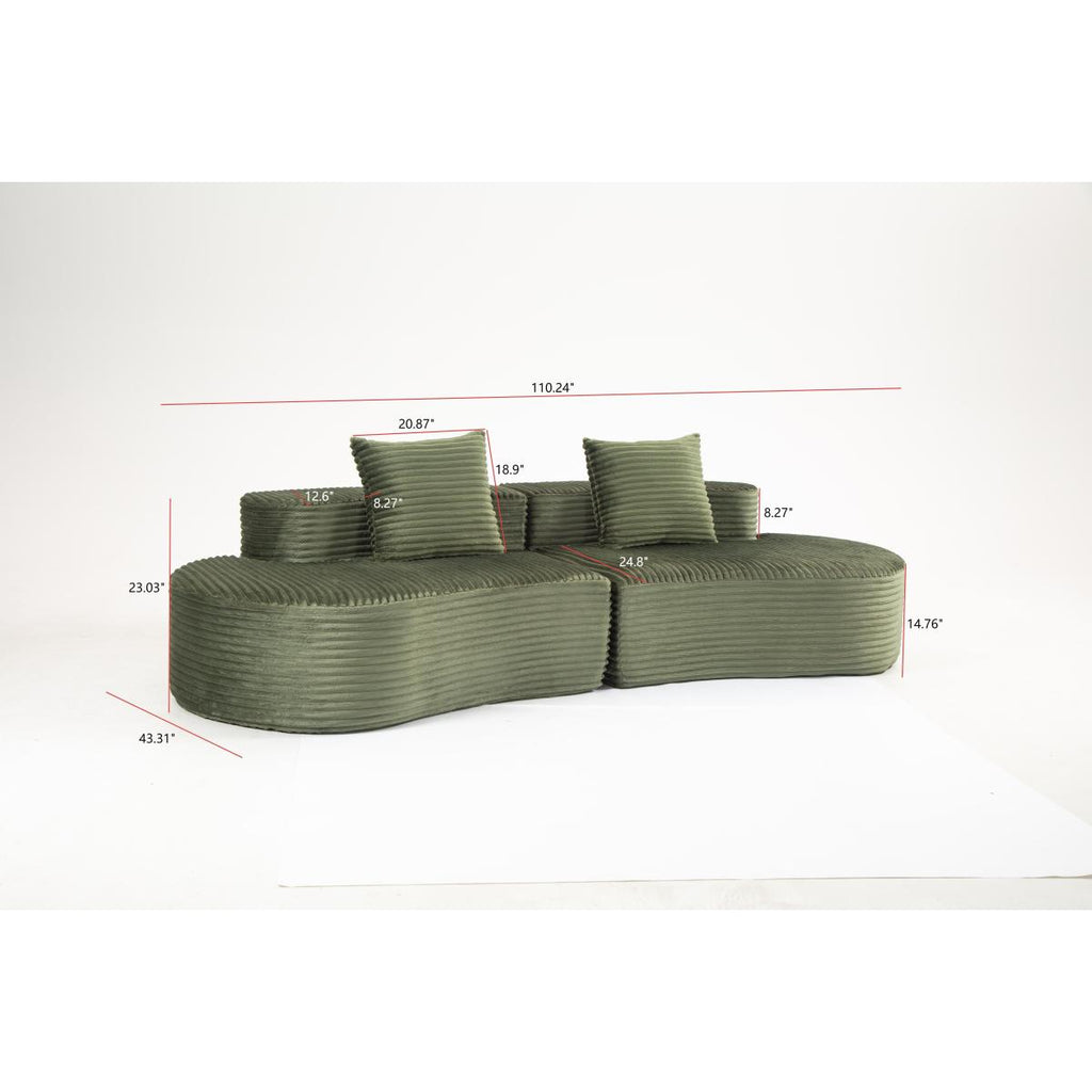 110.24" Fully Compressed Sofa, Corduroy 2-Seater Couch with 2 Lumbar Pillows, Cozy Deep Seat Upholstered Sofa, No Assembly Cloud Couch for Living Room & Bedroom, YKX-33003A-2-GREEN   WL