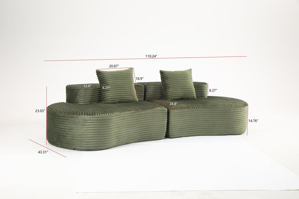 110.24" Fully Compressed Sofa, Corduroy 2-Seater Couch with 2 Lumbar Pillows, Cozy Deep Seat Upholstered Sofa, No Assembly Cloud Couch for Living Room & Bedroom, YKX-33003A-2-GREEN   WL