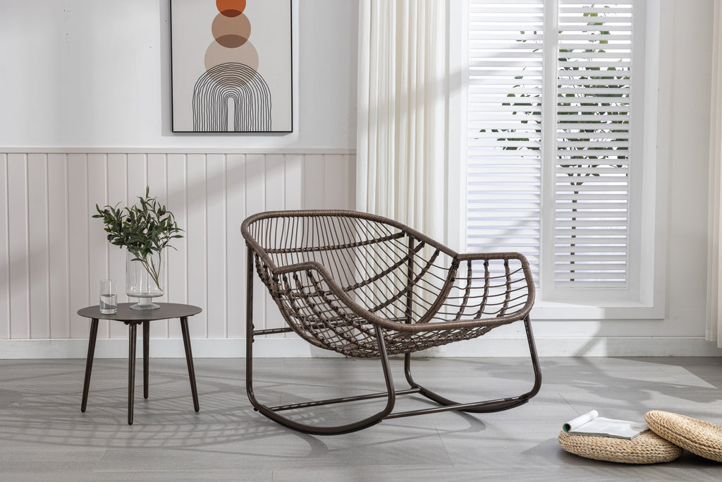 Outdoor Rocking Chair, Patio Oversized Wicker Egg Rocking Chair, Indoor & Outdoor Comfy Rocker Chair with Thick Cushion, Modern Lounge Chair for Balcony, Front Porch, Garden, Backyard, khaki
