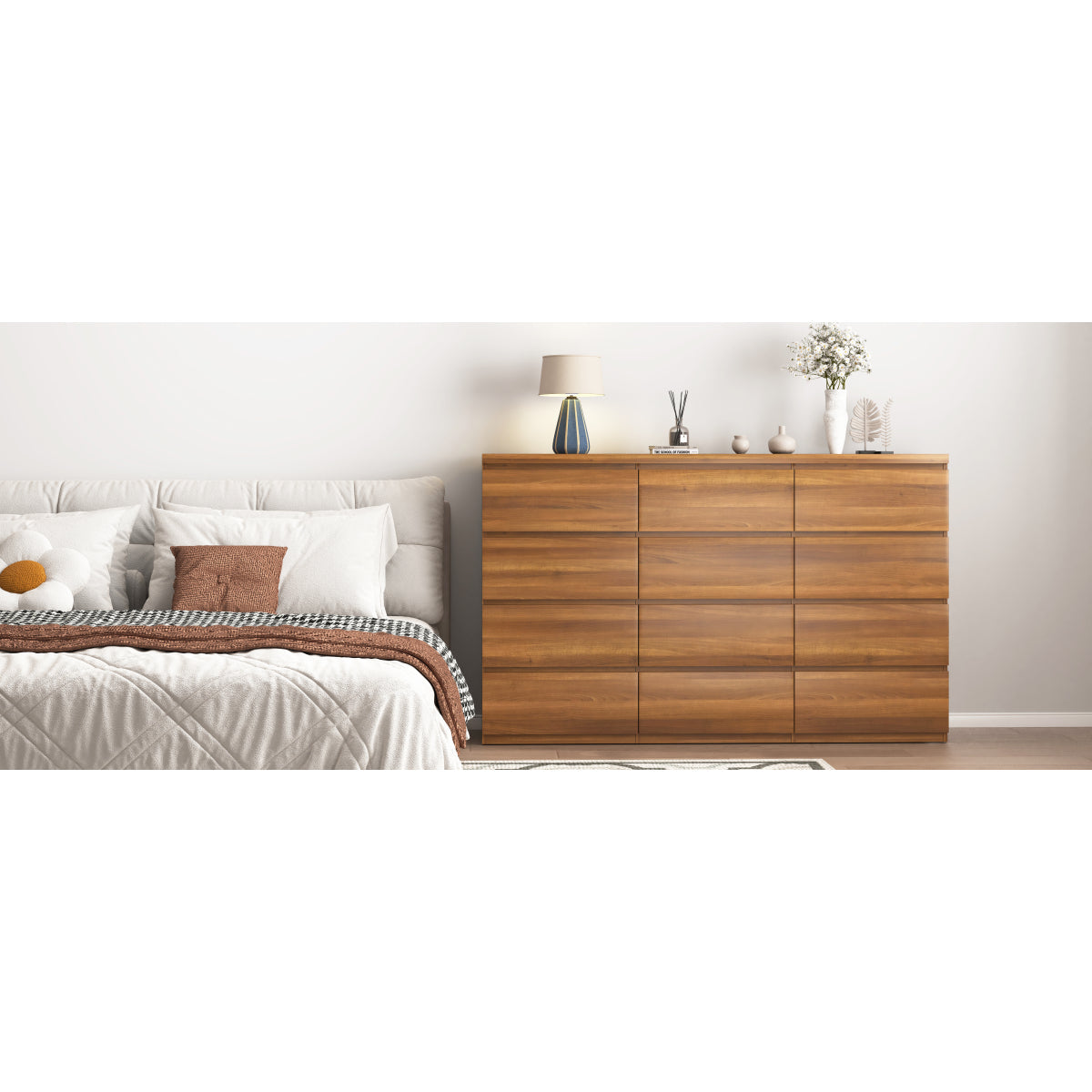 12 Drawers Double Dresser, Modern Wood Dresser Chest of Drawers with Large Storage Space for Bedroom, Walnut