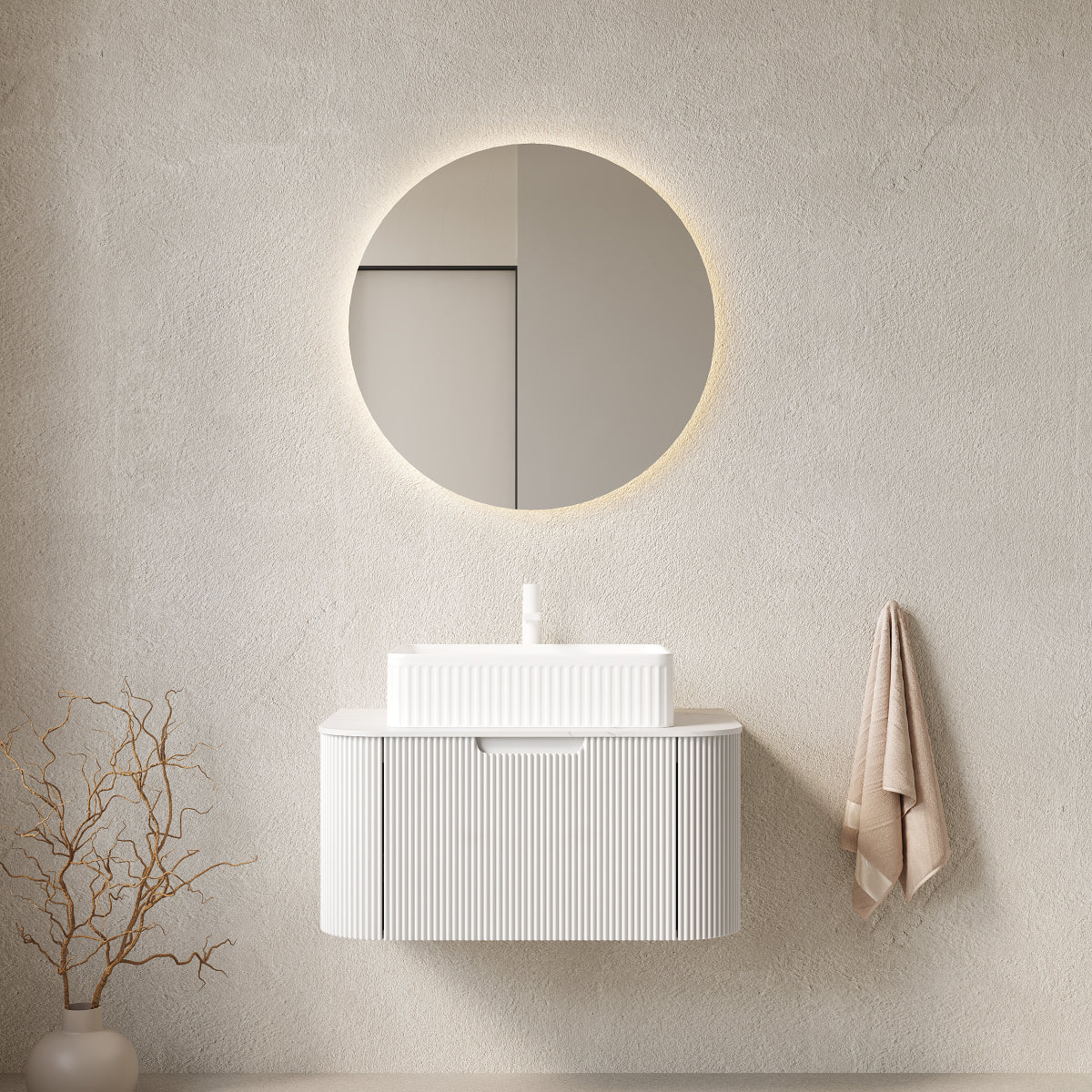 DINA 36" Bathroom Vanity&Sink, Floating Curved Edges Striped Storage Plywood Cabinet with Drawer, Matte Stone White Pattern Round Ceramic Basin&Sintered Stone Top, Pre-assembled, White (New SKU)