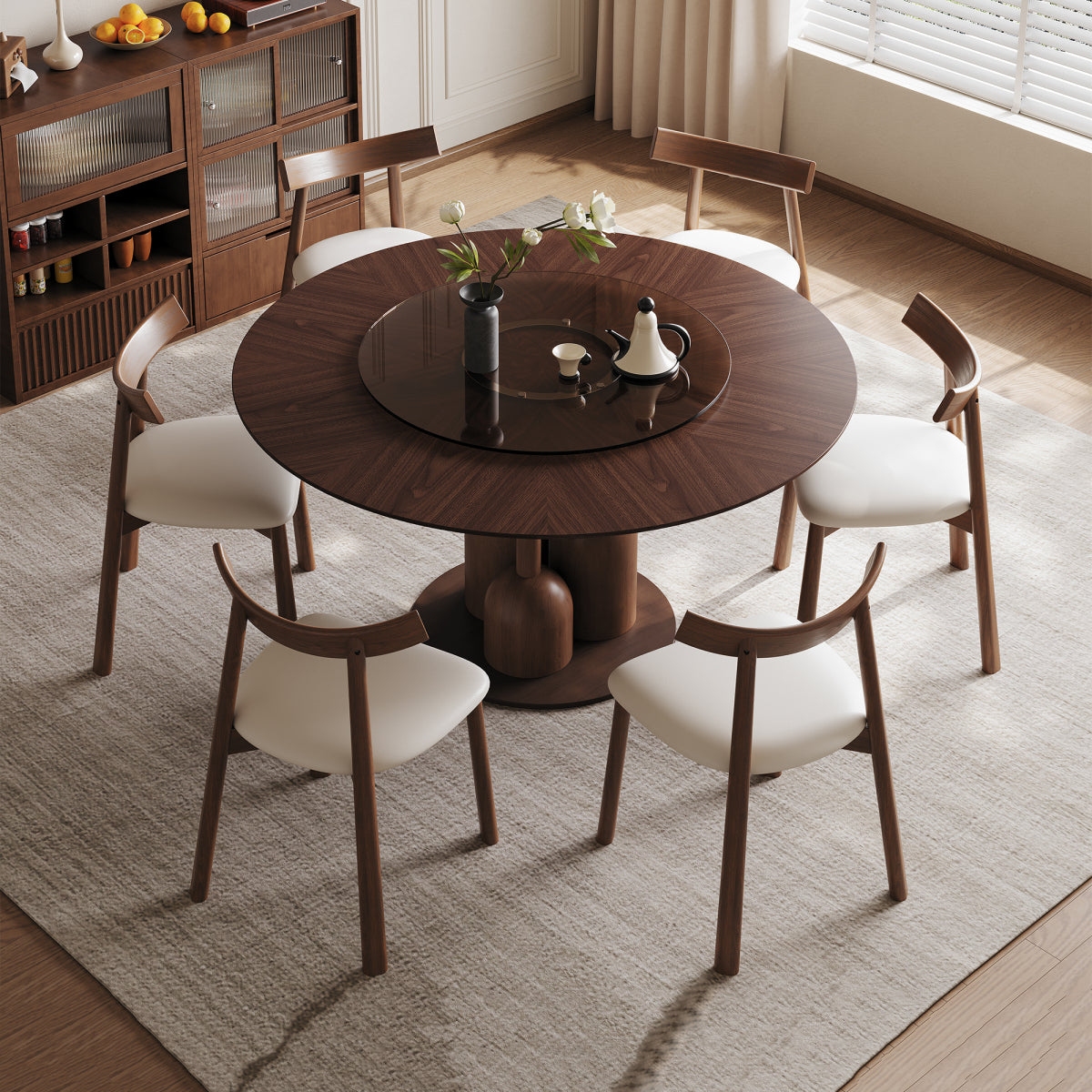 59-inch Natural Oak Wabi-Sabi Round Dining Table with 35-inch Tempered Glass Lazy Susan, Handcrafted Japanese Style Sculptural Table for Living Room & Restaurant    RR