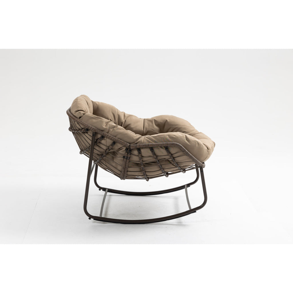 Outdoor Rocking Chair, Patio Oversized Wicker Egg Rocking Chair, Indoor & Outdoor Comfy Rocker Chair with Thick Cushion, Modern Lounge Chair for Balcony, Front Porch, Garden, Backyard, khaki