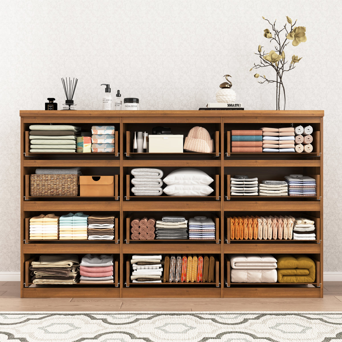 12 Drawers Double Dresser, Modern Wood Dresser Chest of Drawers with Large Storage Space for Bedroom, Walnut