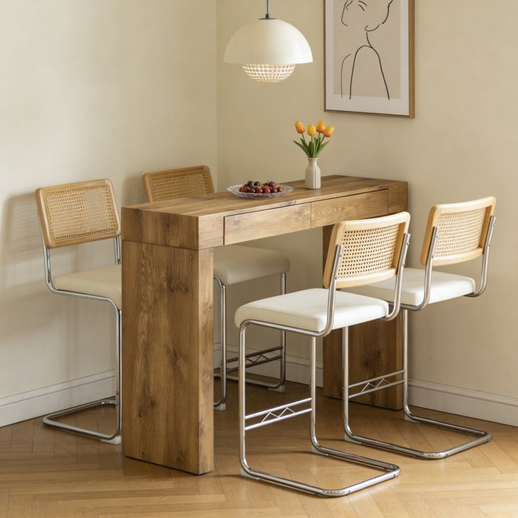 Natural rattan bar stool 2-piece set with solid wood backrest 25 inches medieval modern style counter stool white PU leather kitchen stool chrome metal legs.