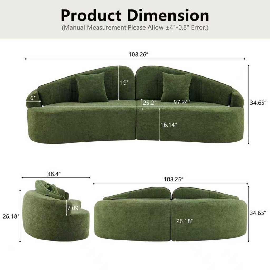 Curved four-seat fully compressed sofa, long-term sitting without collapse, removable backrest, green chenille fabric, simple, retro style, suitable for small spaces and apartments   WL